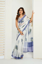 Vastranavya Blue Digital Printed Linen Ready To Wear Designer Saree with Unstitched Blouse - Distacart