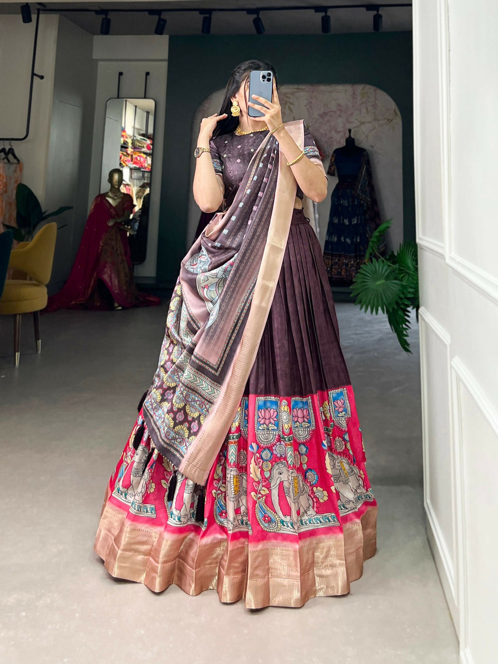 Vastranavya Kalamkari Print With Weaving Border Lehenga with Unstitched Blouse - Burgundy