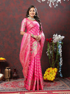 Lorenvalley Fashion Pink Soft Silk Woven Design with Zari Weaving Leheriya Design Saree