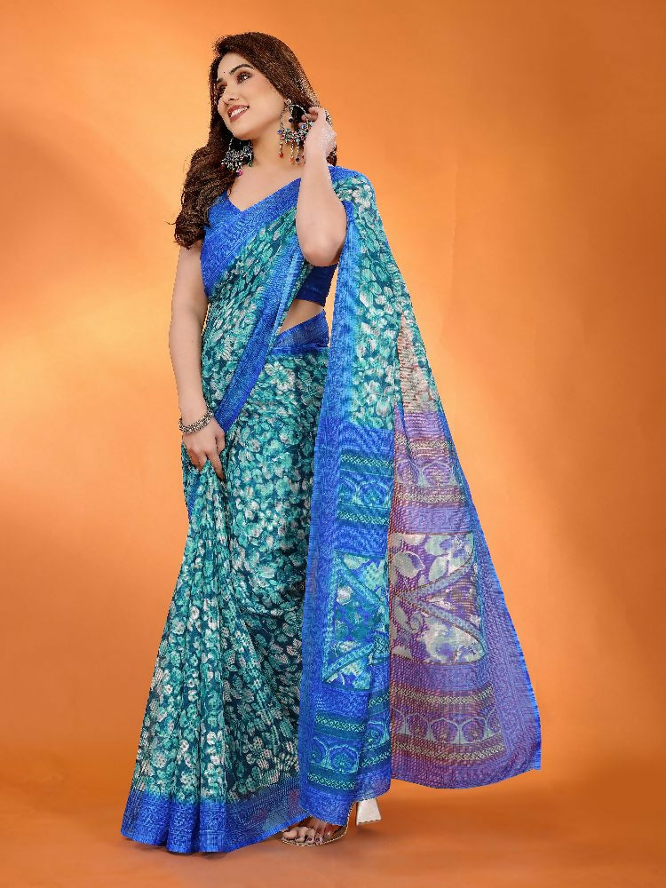 PR Fashion Blue Kota Doria Printed Saree