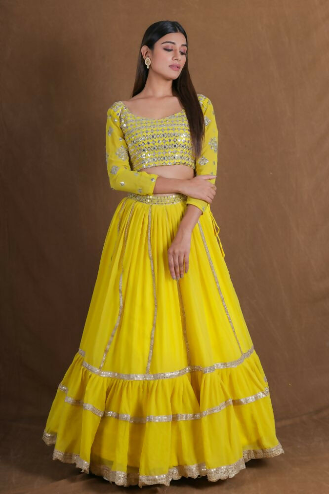 Yellow Georgette Zari Sequence Embroidery With Foil Mirror Work Lehenga Choli - Jihu Culture