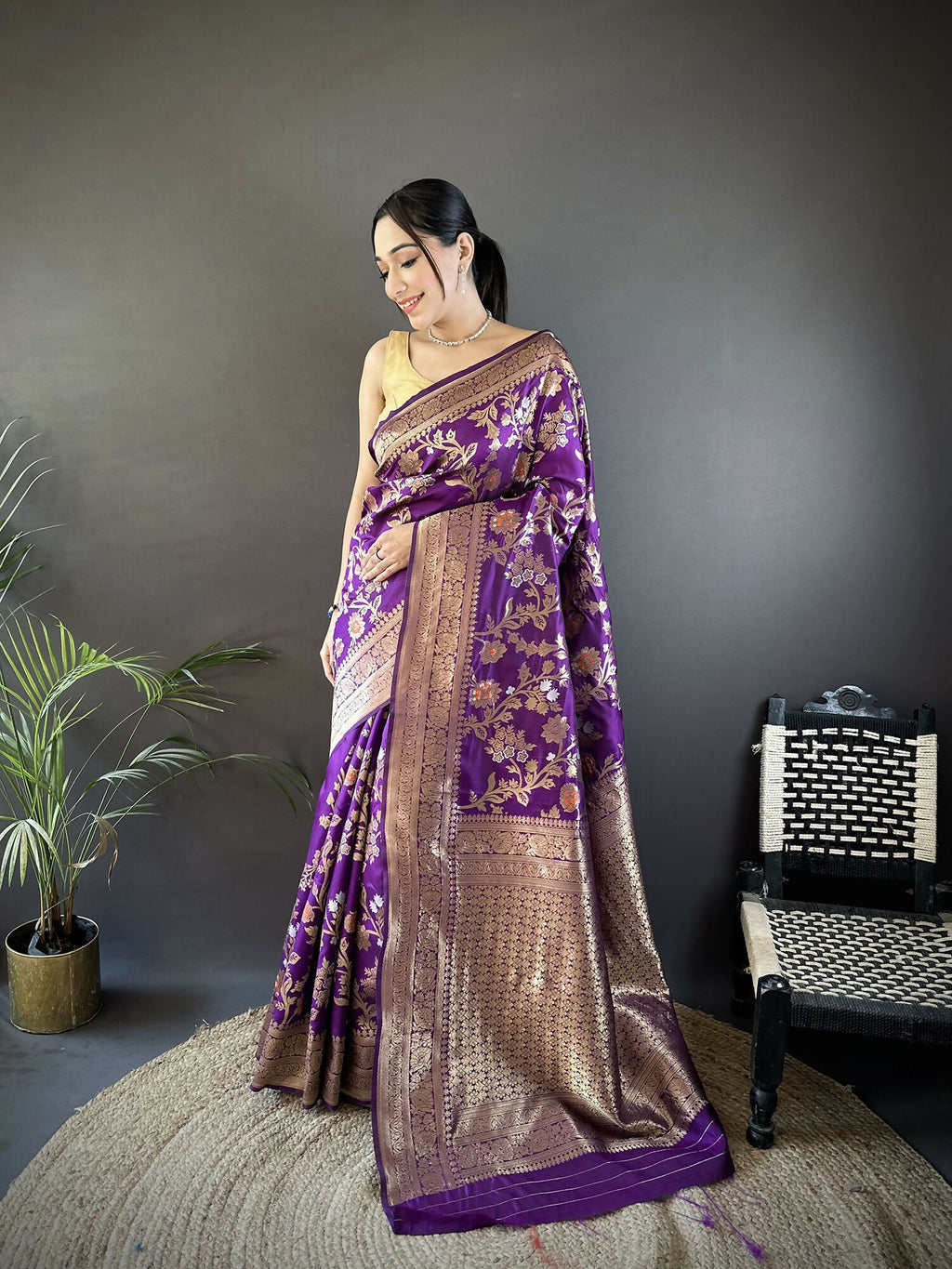 Joban Fashion Purple Floral & Ethnic Motifs Design Soft Silk Meenakari Banarasi Saree - Distacart