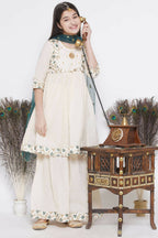Little Bansi Blue Floral Embroidery Jacket with Cotton Kantha Frock Sharara and Dupatta with Ghungroo Handwork - Cream