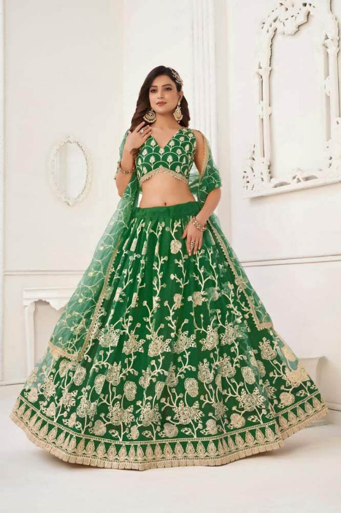 Aastha Fashion Parrot Green Butterfly Net White Cotton Thread Work And Sequence Work Embroidery Wedding Wear Lehenga Choli