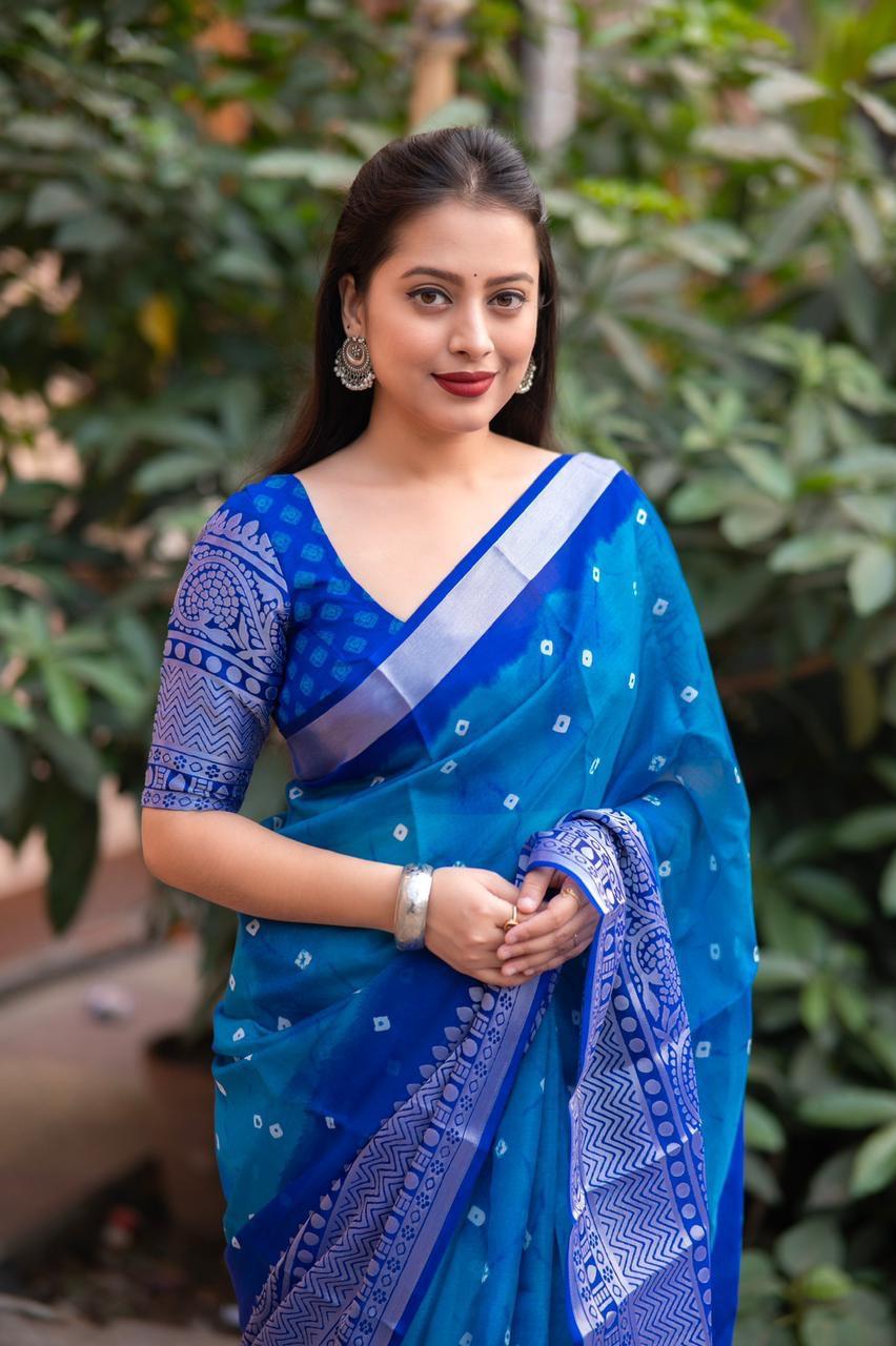 Blue Jute Silk Ethnic Motifs Saree with Unstitched Blouse - Hiral Fashion