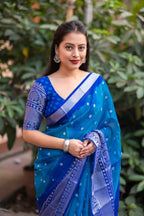 Blue Jute Silk Ethnic Motifs Saree with Unstitched Blouse - A2M - Distacart