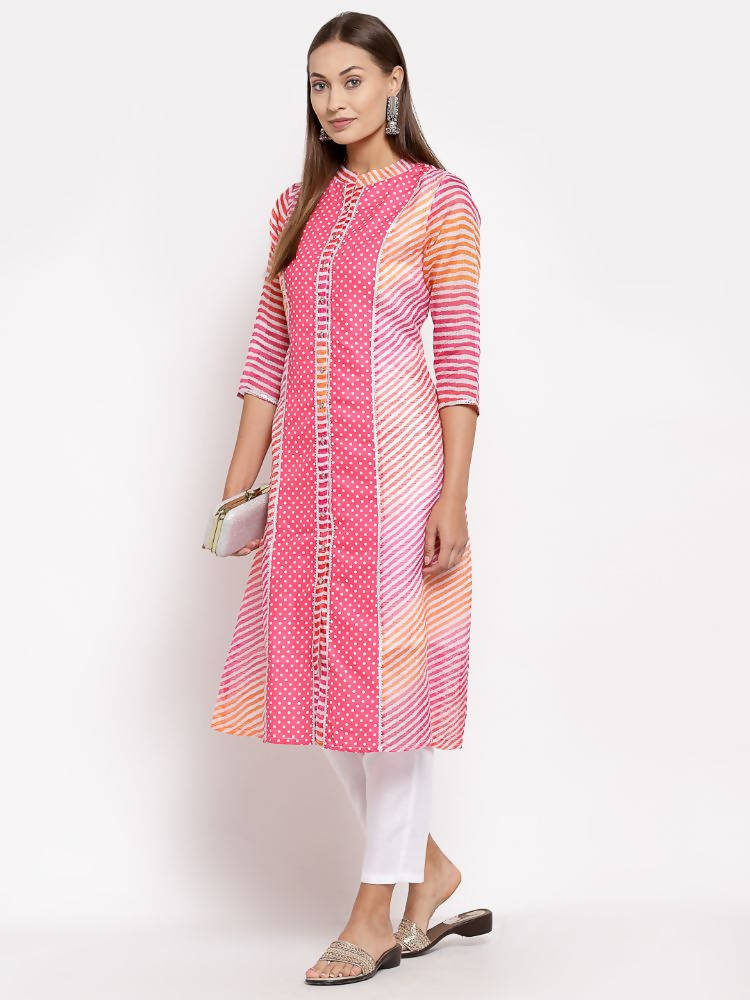Myshka Women's Pink Cotton Printed 3/4 Sleeve Round Neck Casual Kurta