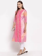 Myshka Women's Pink Cotton Printed 3/4 Sleeve Round Neck Casual Kurta