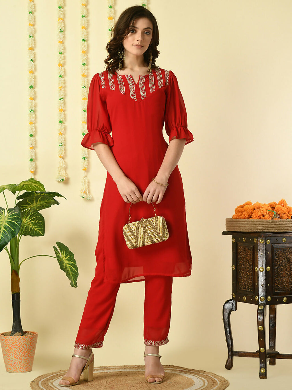 Myshka Women's Red Georgette Kurta With Trousers Party Sets