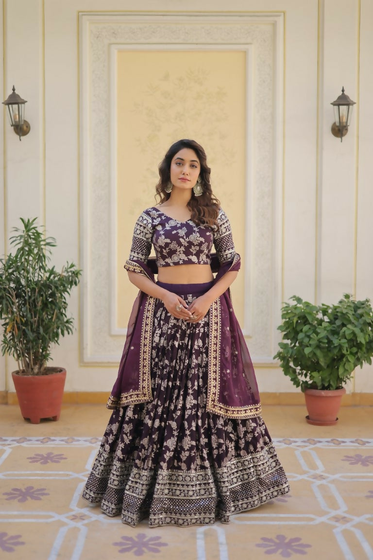 Vastranavya Designer Dyeable Pure Viscose Jacquard Fabric Lehenga Choli & Dupatta Set - Wine