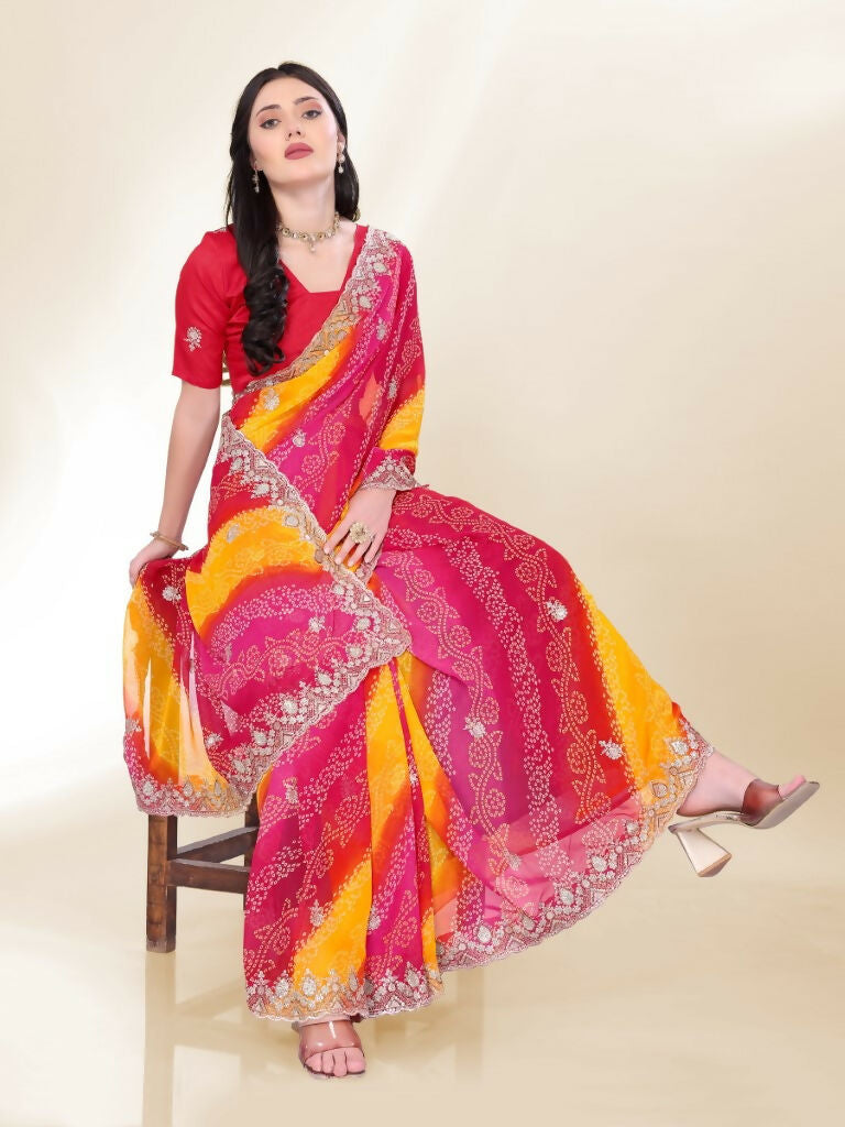 Pink Georgette Bandhani Printed,Embroidery Work Saree - Bandhan