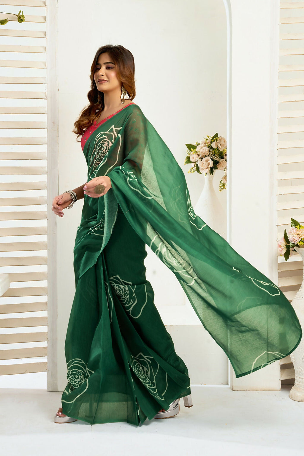 Vastranavya Green Digital Printed Linen Ready To Wear Designer Saree with Unstitched Blouse - Distacart
