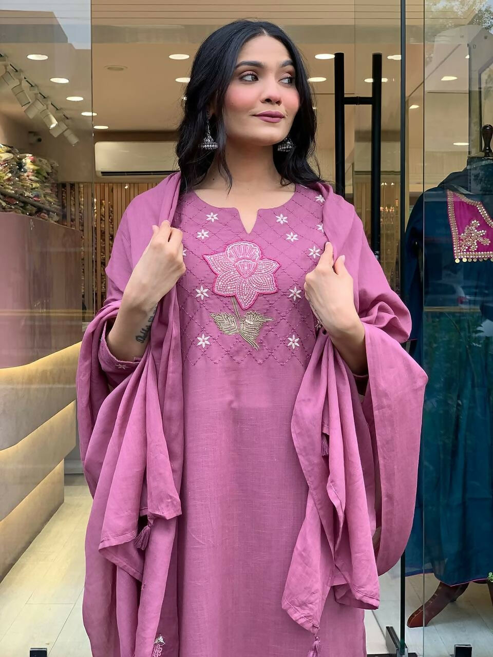 The52 Peach Women's Gorgeous Embroidered Cotton Fabric Straight Kurta Pant with Dupatta Set - Distacart