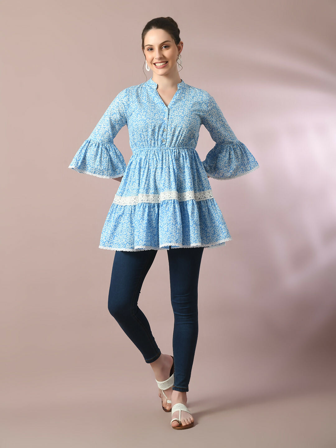Myshka Women's Blue Embellished Cotton Gathered Party Empire Top