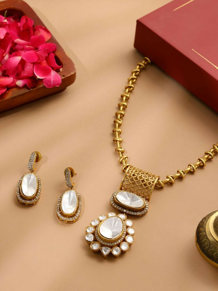 Kundan Antique Finish Earrings and Necklace set - Ruby Raang