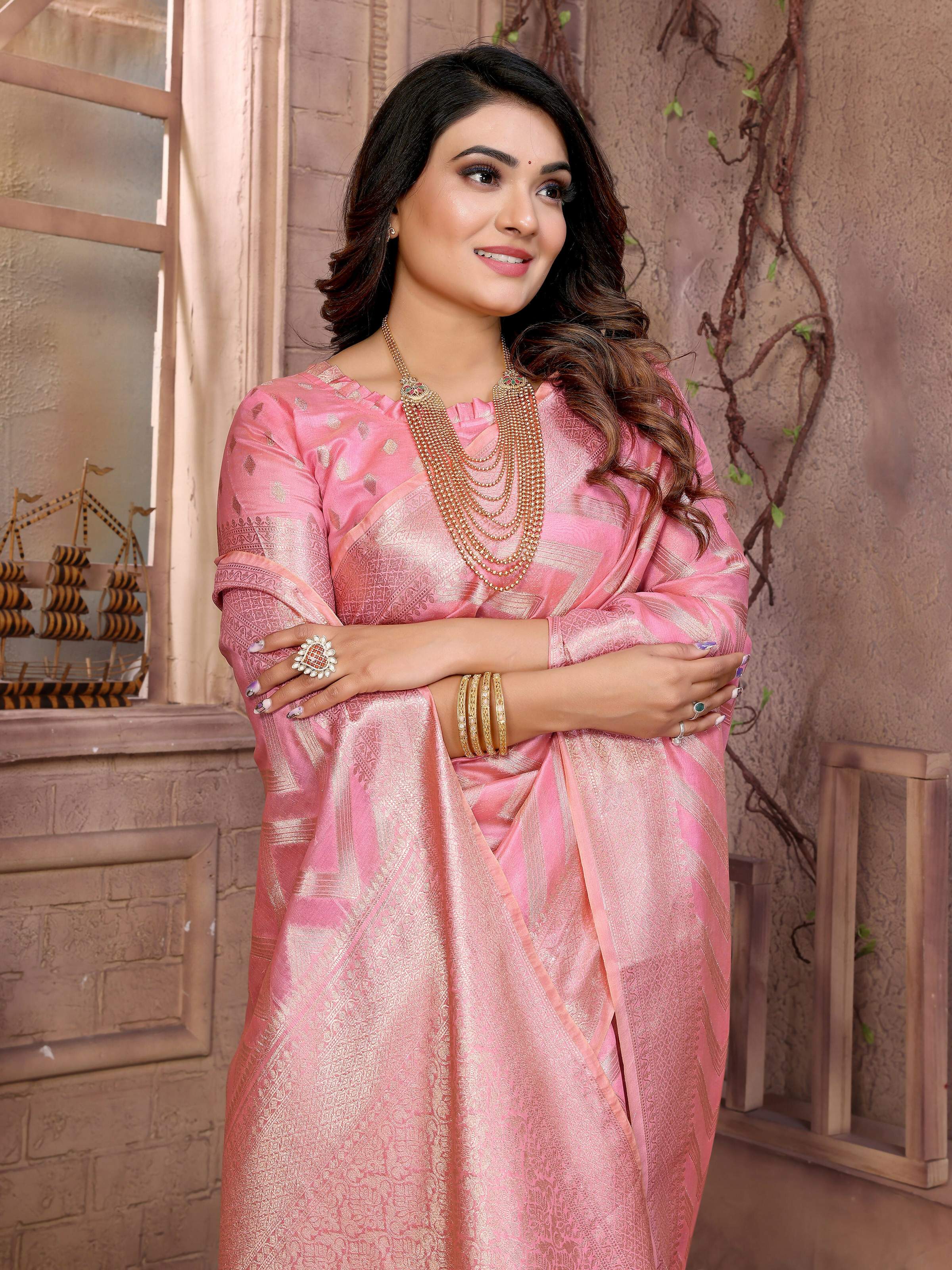 Aastha Fashion Pink Soft Organza Silk Weaving Saree - Distacart