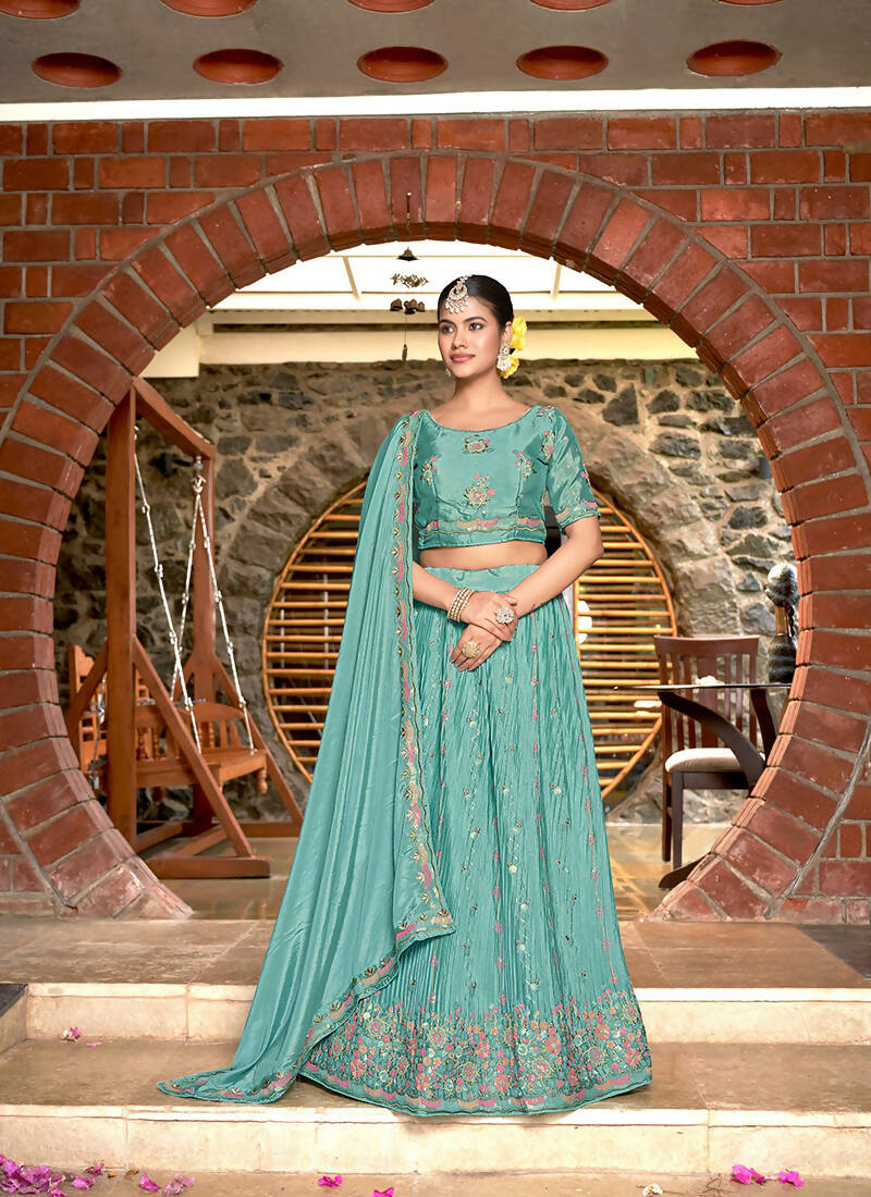 Sky Blue Chinon Crushed Sequence and Thread Embroidery Work Lehenga Choli with Dupatta - Viharini