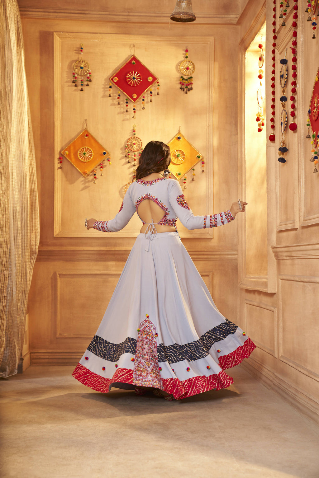 Sky Viscose Rayon Thread Embroidered Work And Print With Mirror All Over Navratri Lehenga Choli - Raas