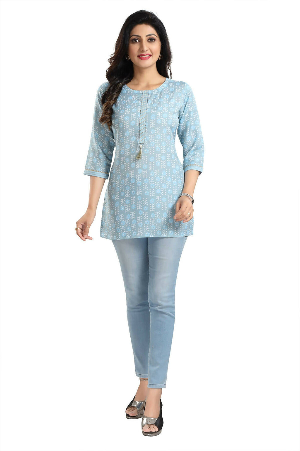 Snehal Creations Pretty Pastel Sky Blue Rayon Short Kurti Tunic Top - Distacart