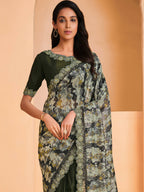 Green Satin Crepe Silk Sequence Embroidered Saree With Unstitched Blouse - Mohmanthan Yavanika