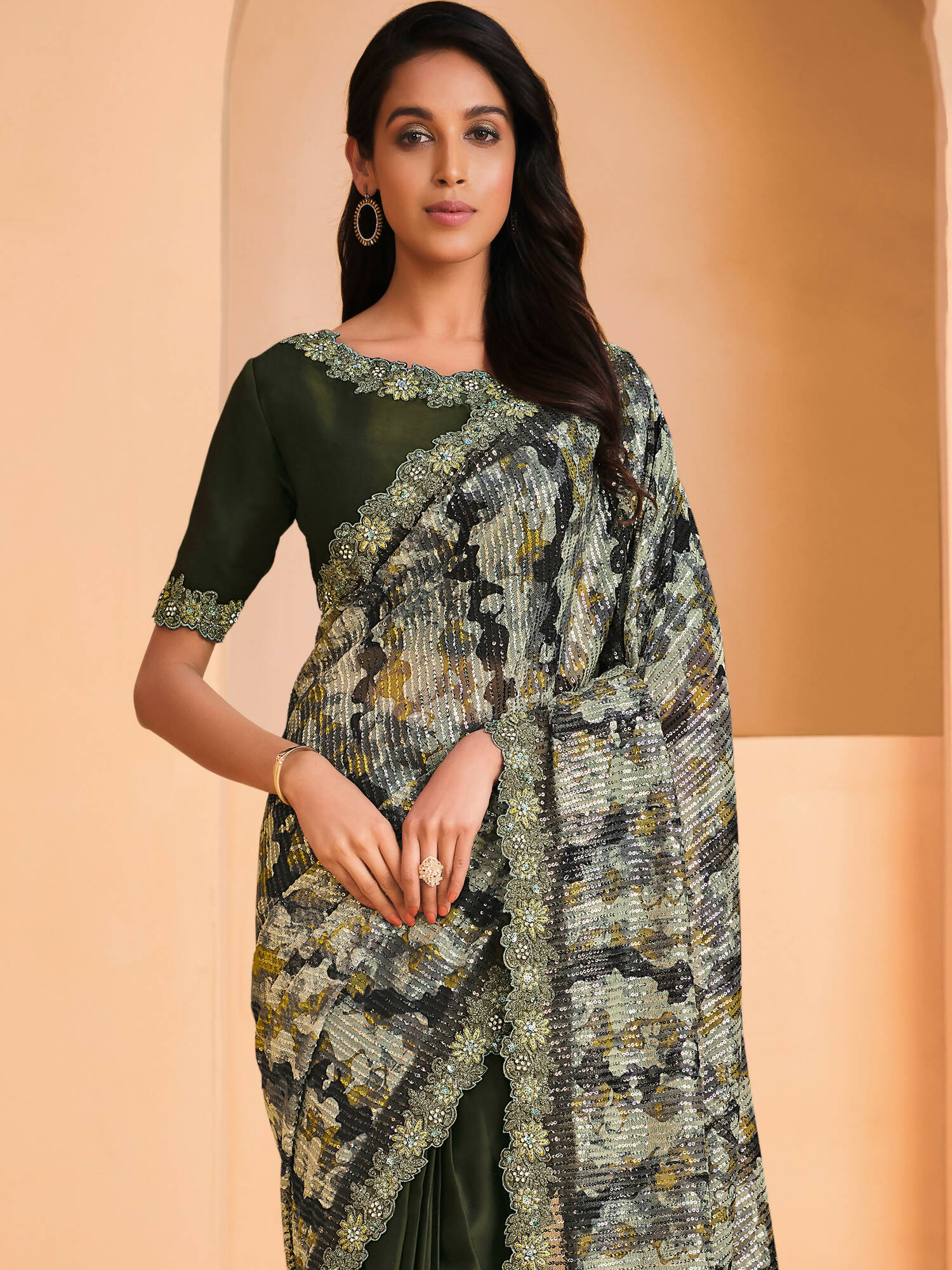 Green Satin Crepe Silk Sequence Embroidered Saree With Unstitched Blouse - Mohmanthan Yavanika