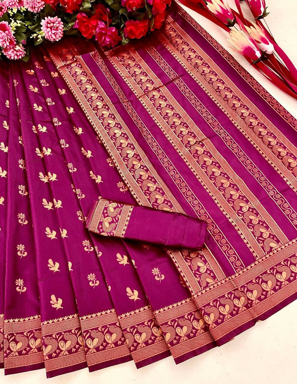 DEIANA'S Beautiful Designer Golden zari Soft Lichi Silk Saree - Wine