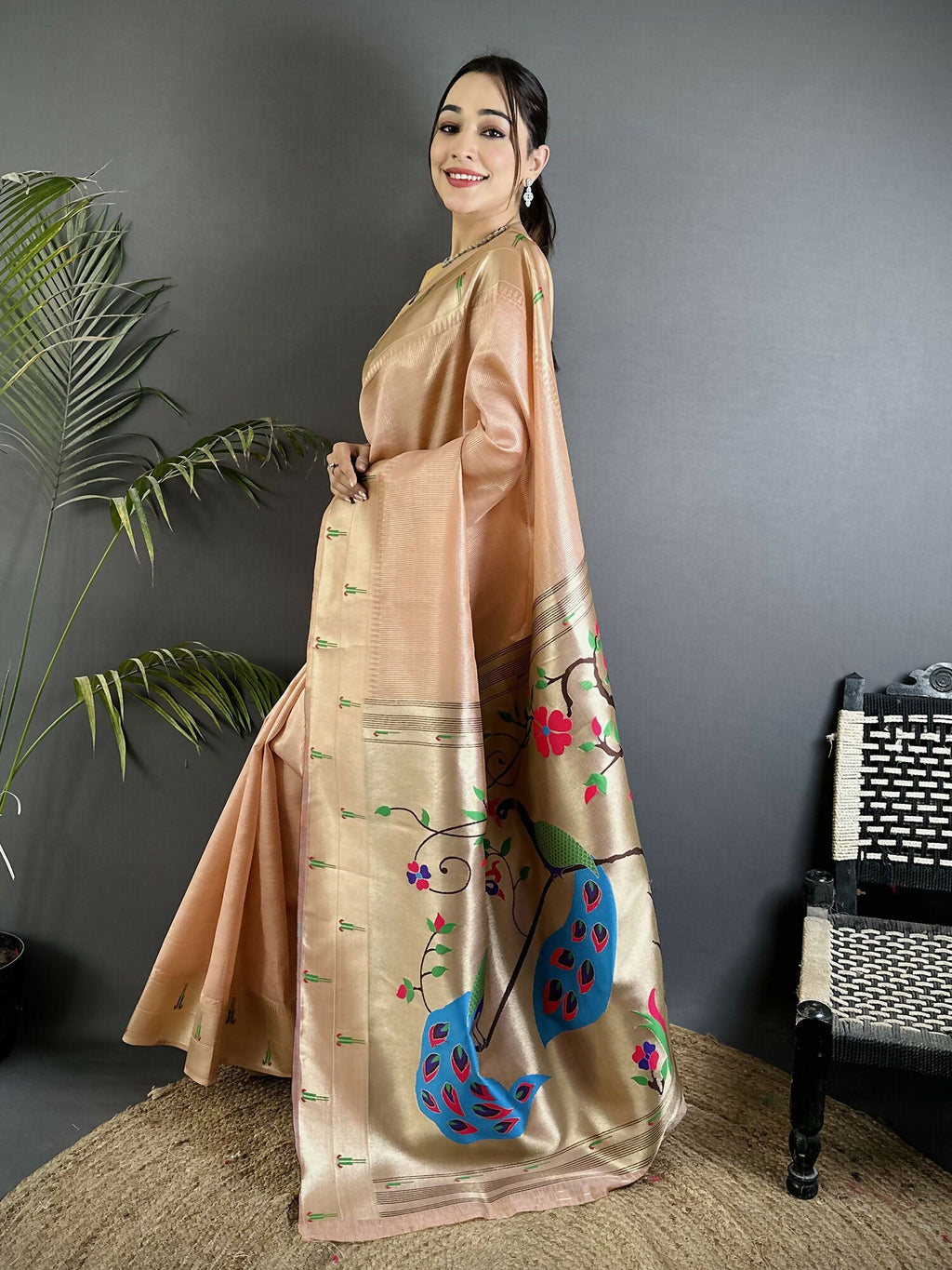 Joban Fashion Peach Peacock & Floral Motifs Tissue Paithani Saree - Distacart