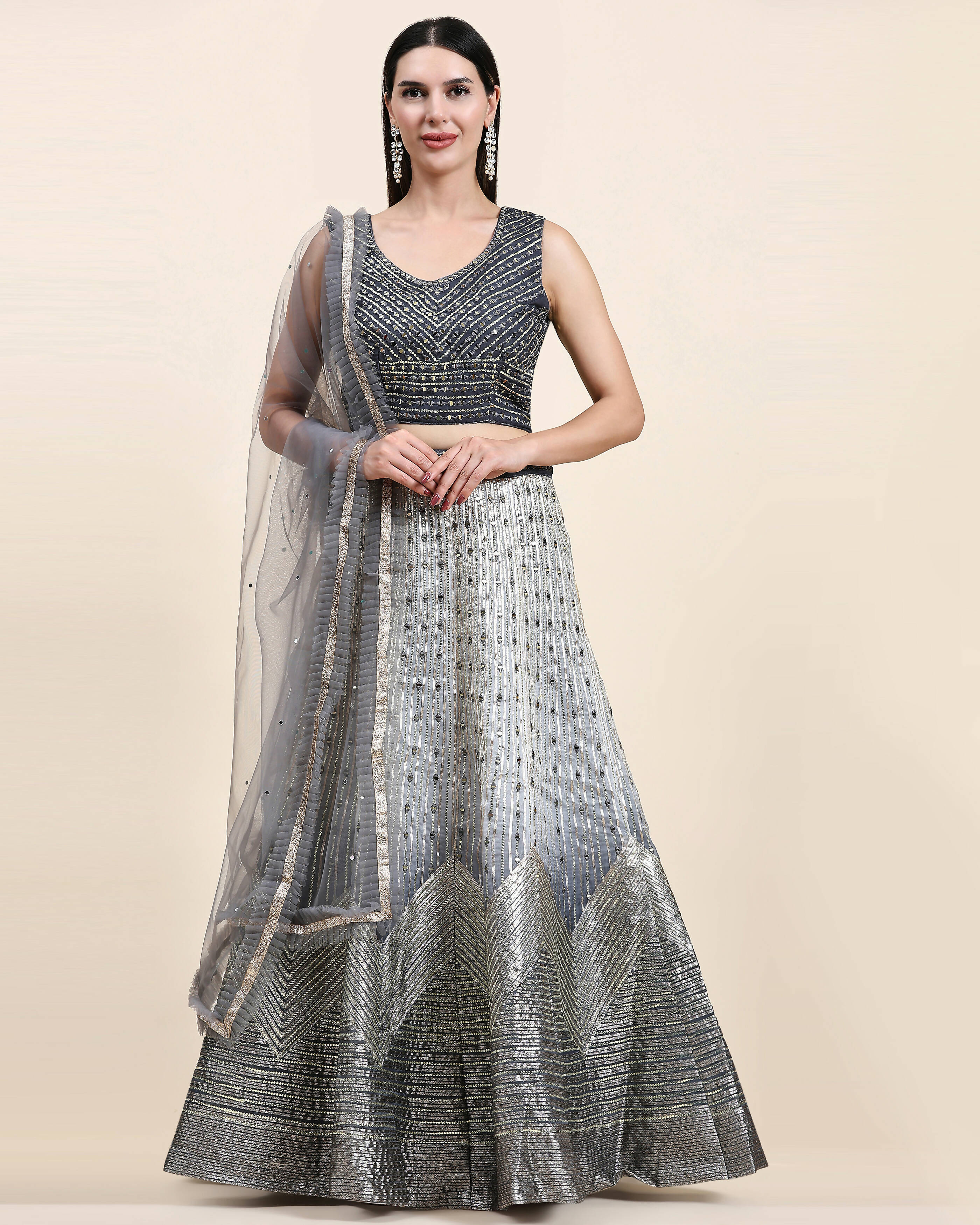 Grey Organza Mirror With Coding Work Lehenga Choli with Dupatta - Tanya