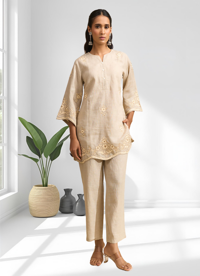 Joban Fashion Beige Linen Embroidered Readymade Cord Set - Distacart