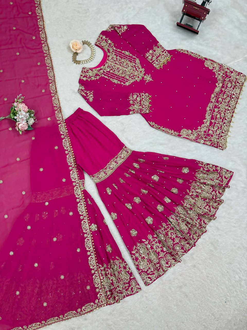 The52 Women's Beautiful Faux Georgette Fabric Embroidery Work Straight Kurt Sharara and Dupatta Set - Distacart