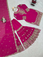 The52 Women's Beautiful Faux Georgette Fabric Embroidery Work Straight Kurt Sharara and Dupatta Set - Distacart