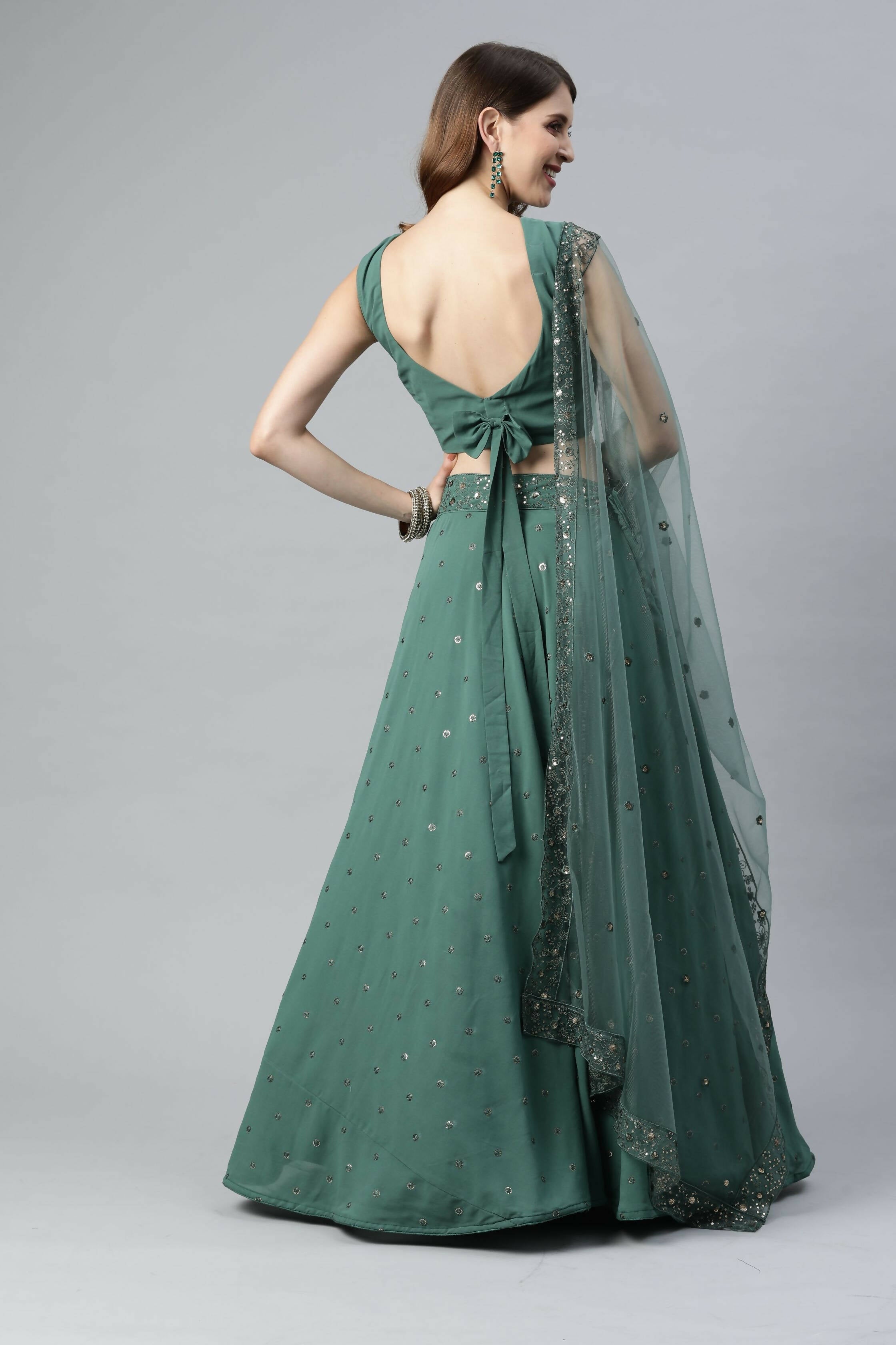 Pista Georgette Sequins Embroidery Work Lehenga Choli with Dupatta - Jivika
