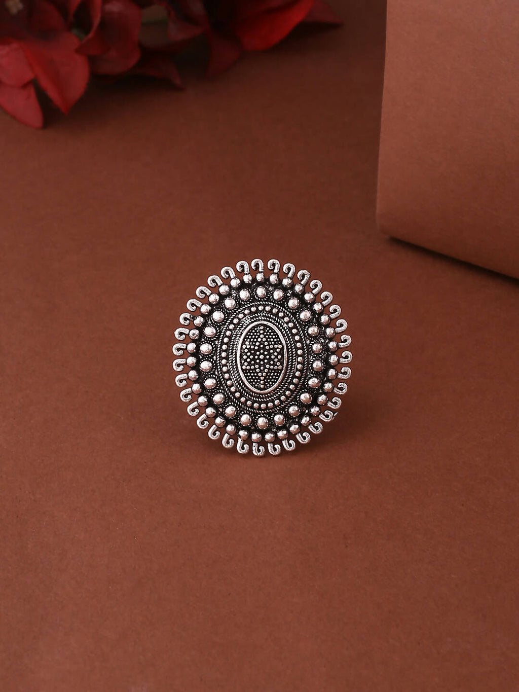 NVR Women's Oxidised Silver Plated Adjustable Finger Ring
