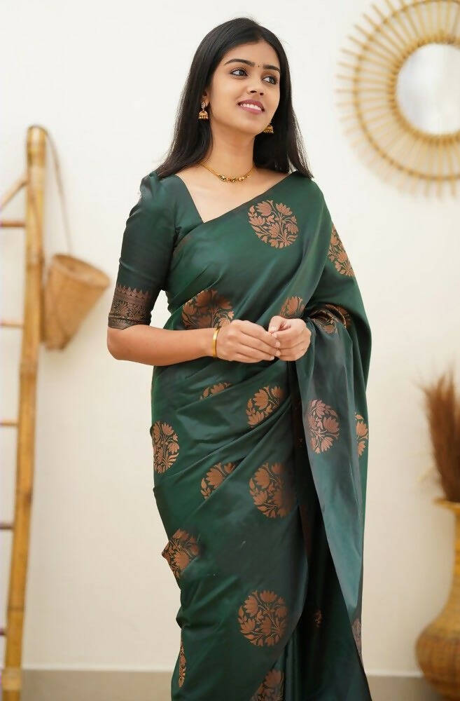 DEIANA'S Beautiful Designer Golden zari Soft Lichi Silk Saree - Green