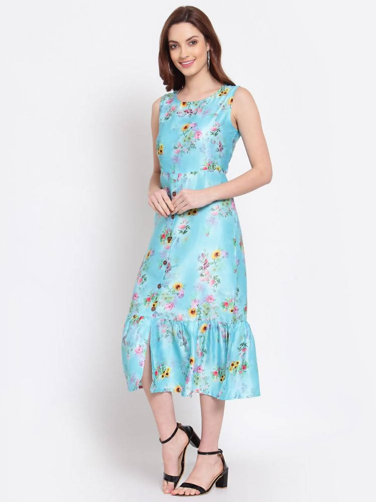 Myshka Women's Green Printed Cotton Blend Sleeveless Round Neck Casual Dress
