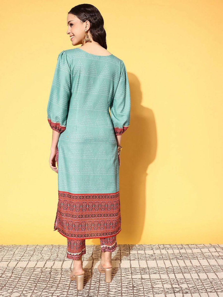 Ahalyaa Women's Teal Cotton Blend Digital Printed Kurta Pant Set - Distacart