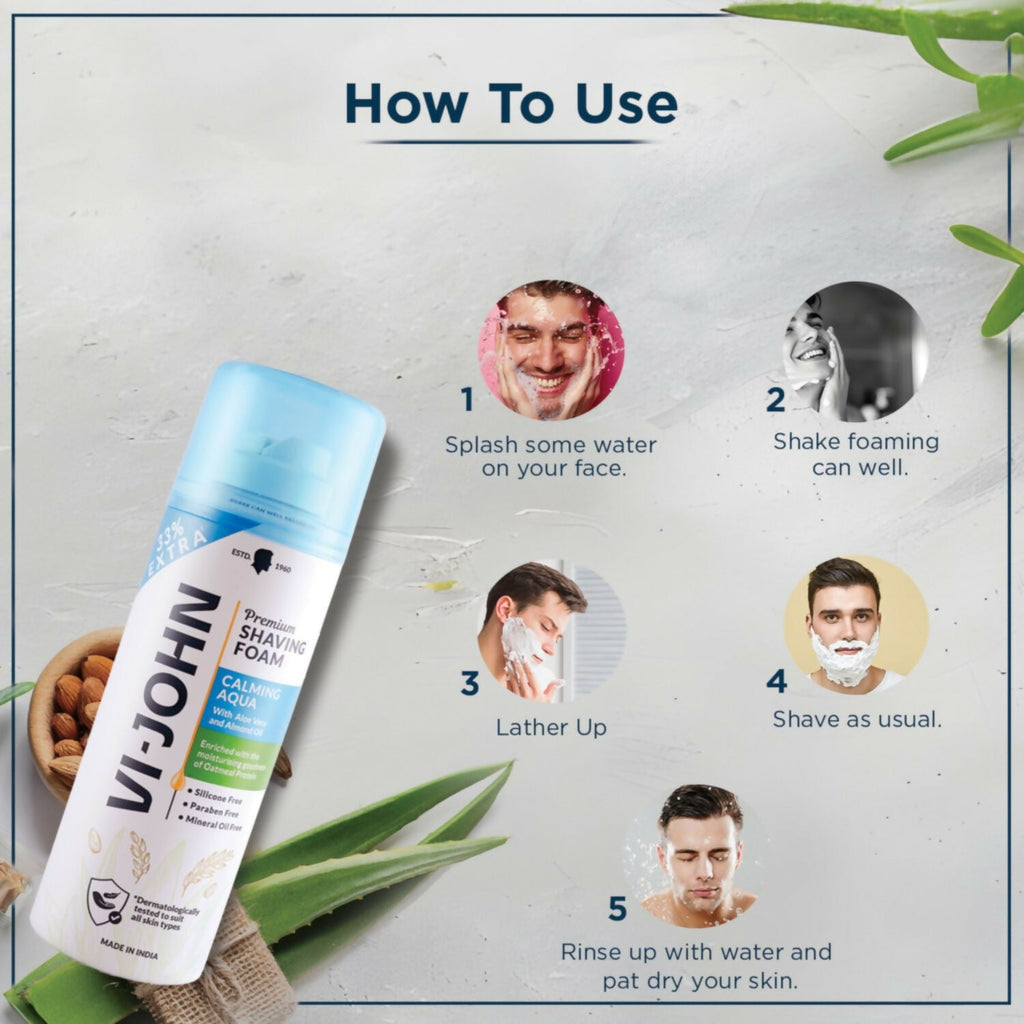 VI-JOHN Dermatologically Tested Premium Claming Aqua Shaving Foam Enriched with Aloevera & Almond Oil Free From Silicone, Paraben & Mineral Oil - Distacart
