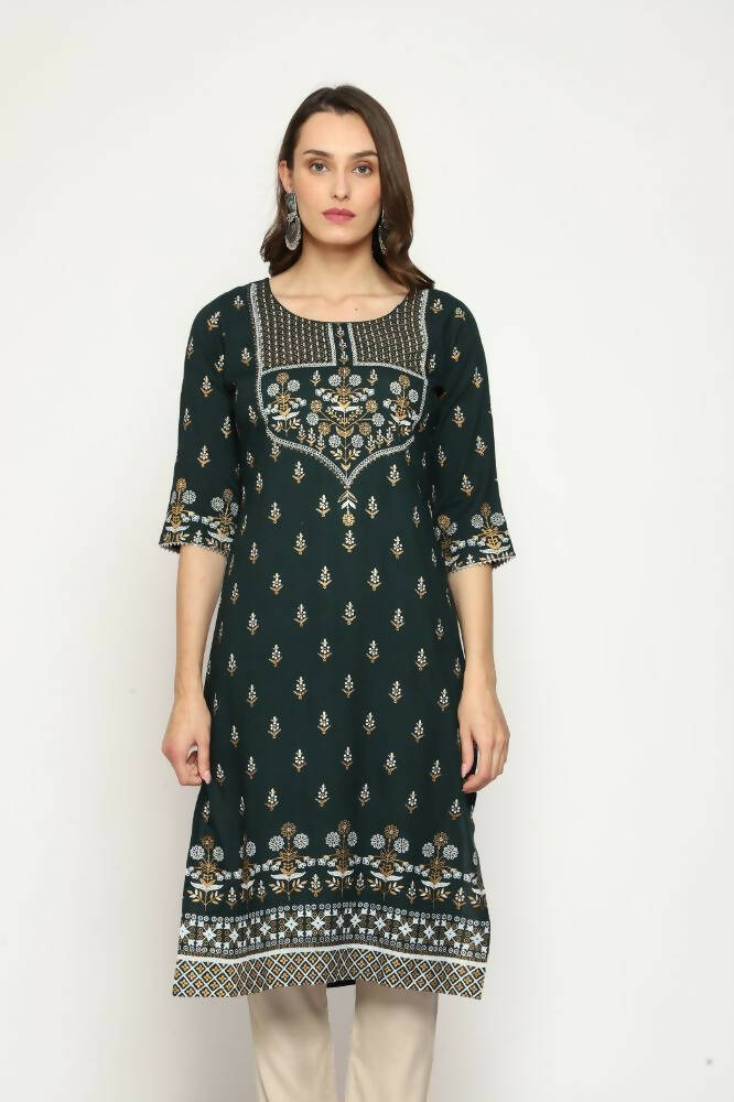 Maai Rayon Hand Printed Kurta Green - Distacart