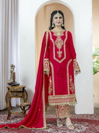 Teeya Creation Red Color Chinnon Silk Embroidery Work Fully Stitched Salwar Suit - Distacart