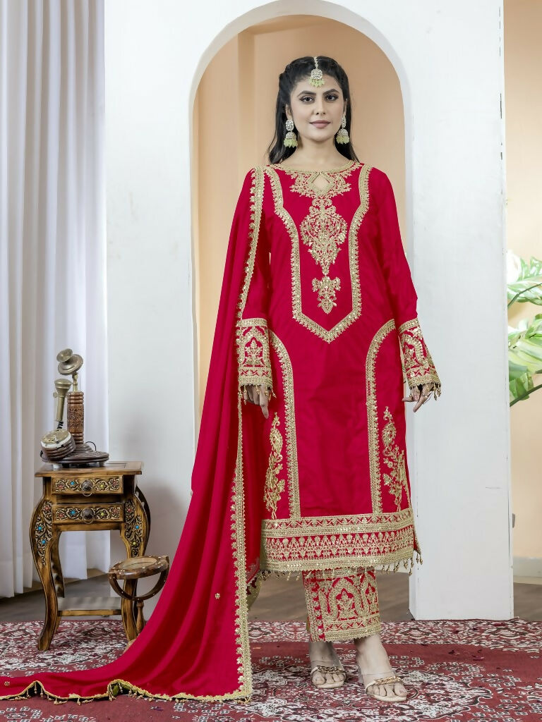 Teeya Creation Red Color Chinnon Silk Embroidery Work Fully Stitched Salwar Suit - Distacart