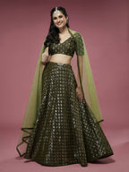 House of Panchhi Olive Georgette Sequinse Embroidered Lehenga & Blouse with Dupatta