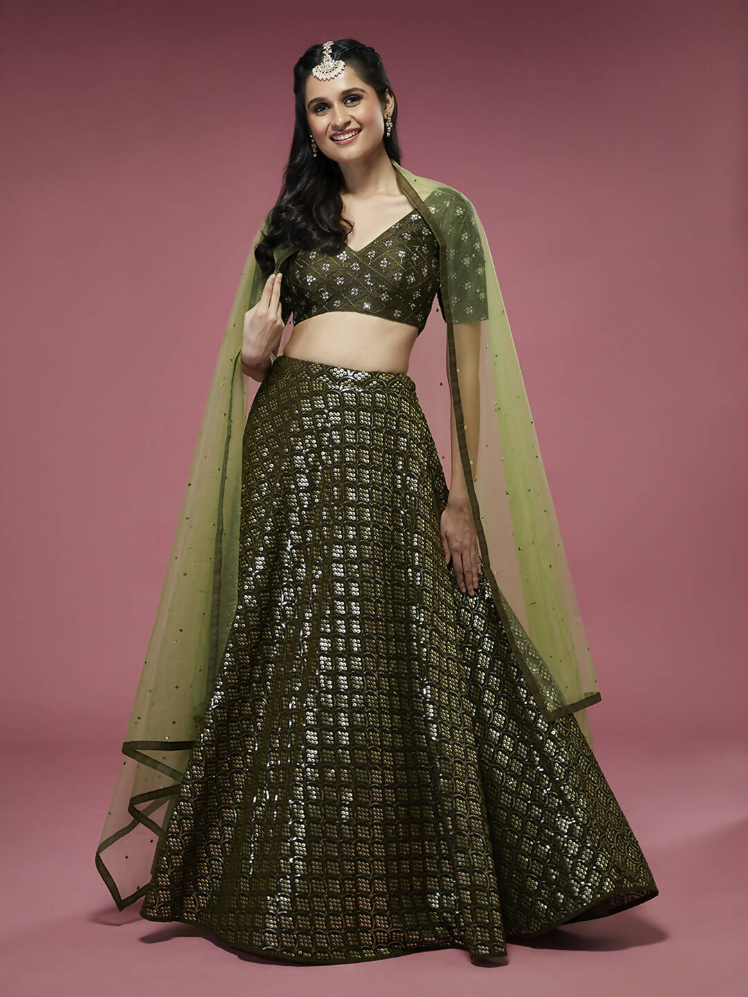 House of Panchhi Olive Georgette Sequinse Embroidered Lehenga & Blouse with Dupatta