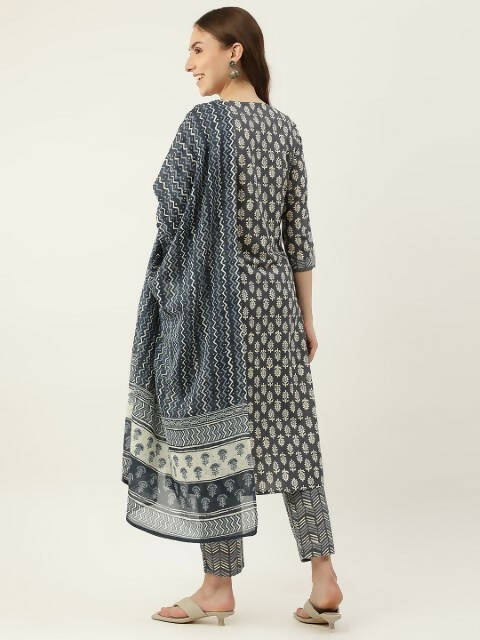 FIORRA Women's Grey Cotton Straight Kurta Pant With Dupatta