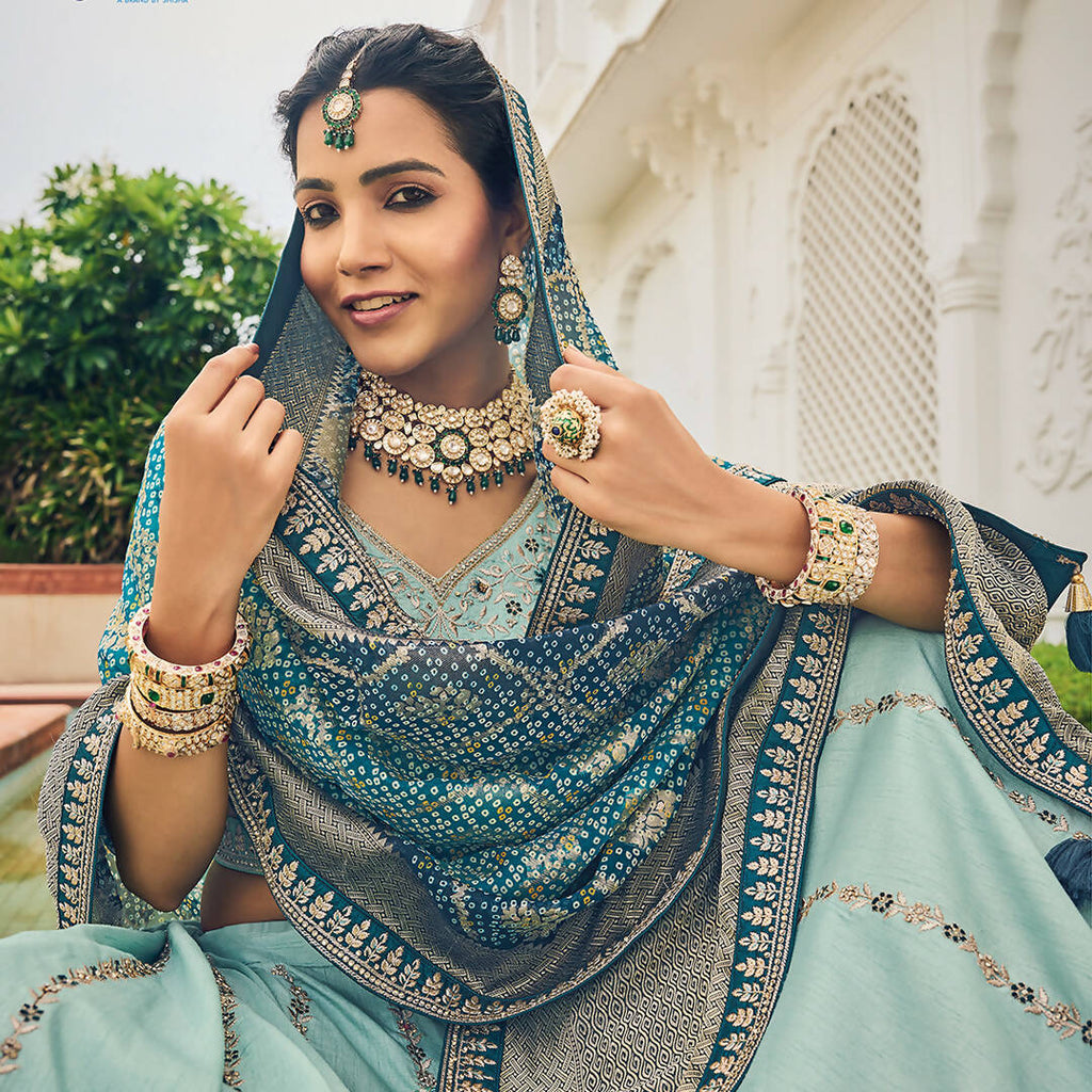 Sky Blue Heavy Viscose Khatli, Embroidery & Mirror Work Unstitched Lehenga Choli - Sisha Keshav