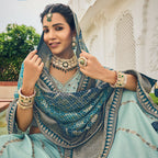 Sky Blue Heavy Viscose Khatli, Embroidery & Mirror Work Unstitched Lehenga Choli - Sisha Keshav