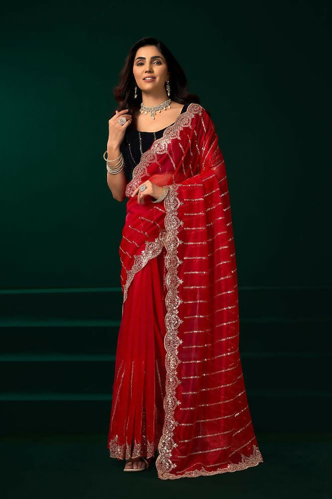 Joban Fashion Red Net Party Wear Sarees - Distacart