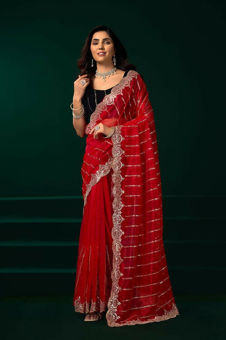 Joban Fashion Red Net Party Wear Sarees