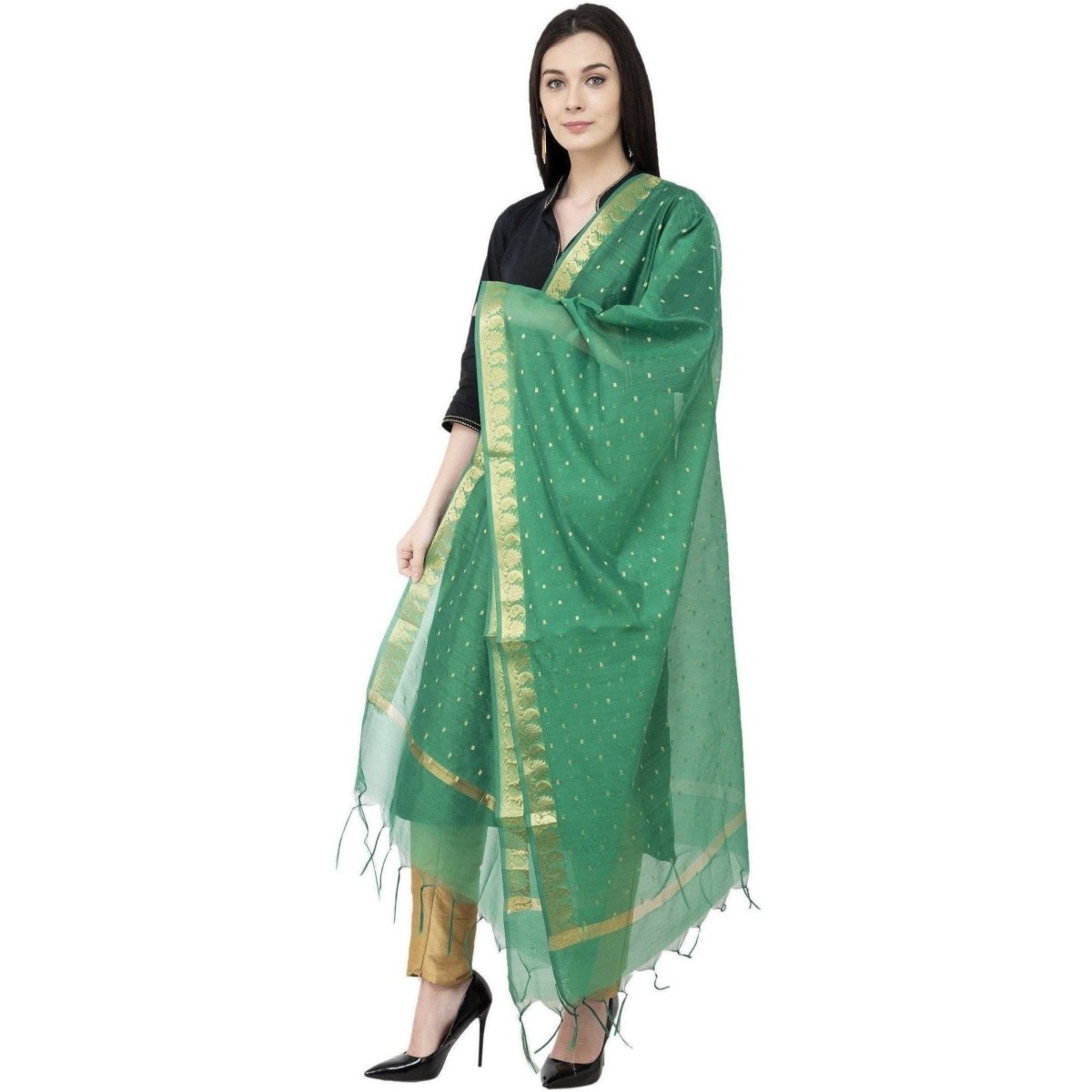 A R SILK VNS Border Buti Fancy Dupatta Green Color Dupatta or Chunni