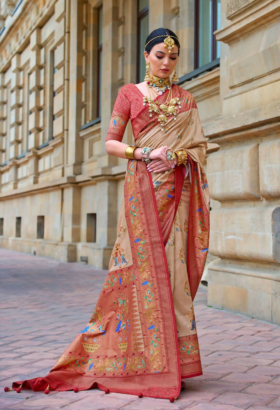 Dirt Brown Superior V.P.Silk Woven Printed Patola Silk Saree - Rewaa Milano