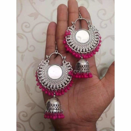 MS Fashion India Pink Color Pearls Chandbali Earrings With Mirror